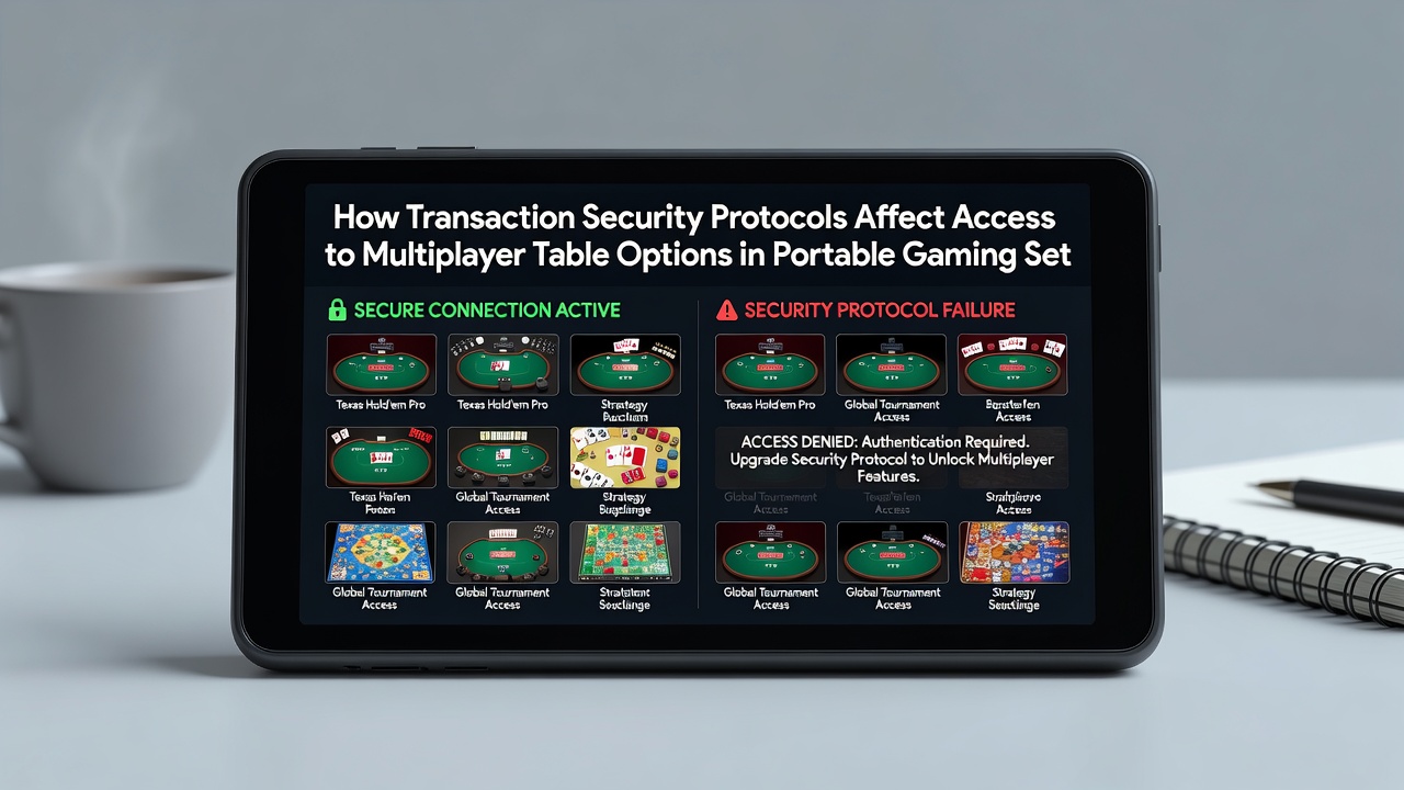 Close-up of secure transaction flow on a handheld gaming console connected to multiplayer tables