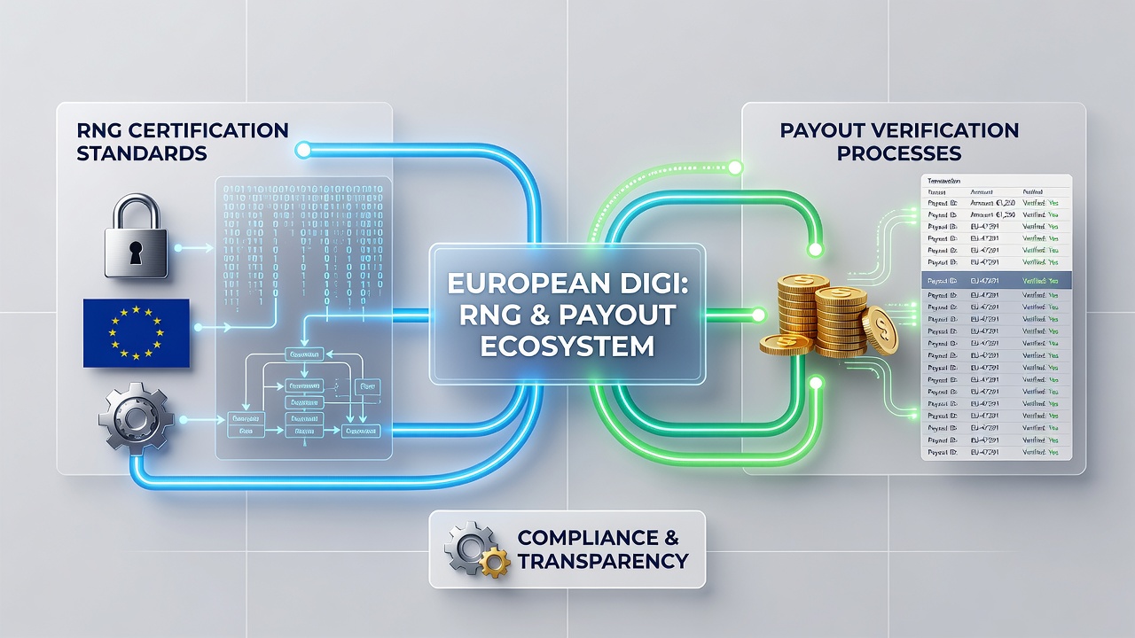 Auditors reviewing payout verification reports and RNG certification documents in a European regulatory office