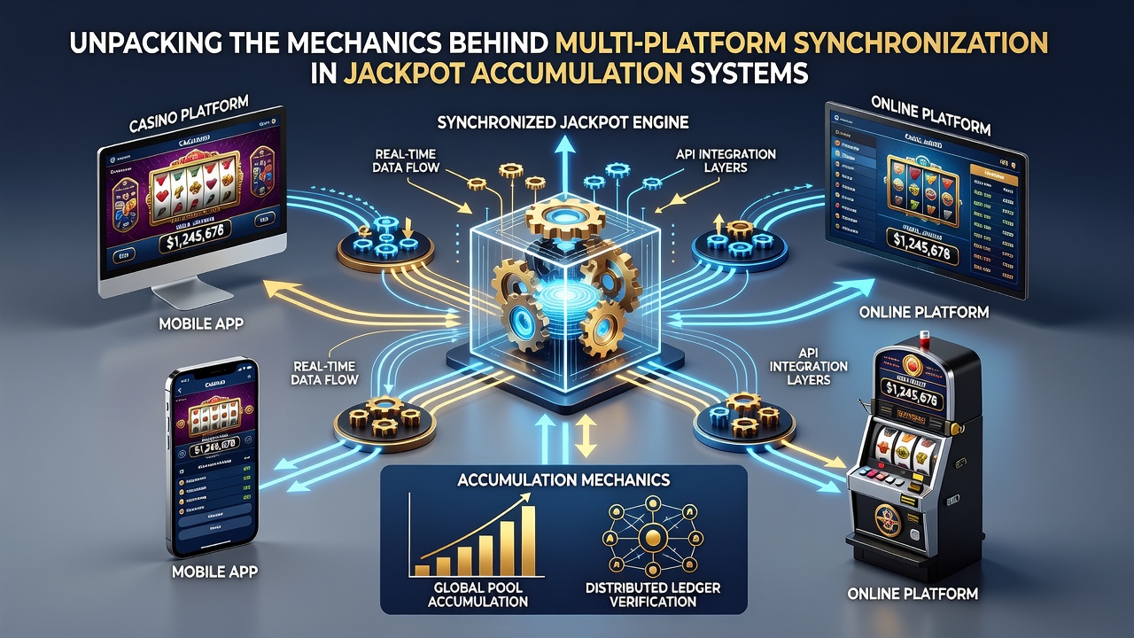 Illustration of secure server clusters handling synchronized jackpot data across regions